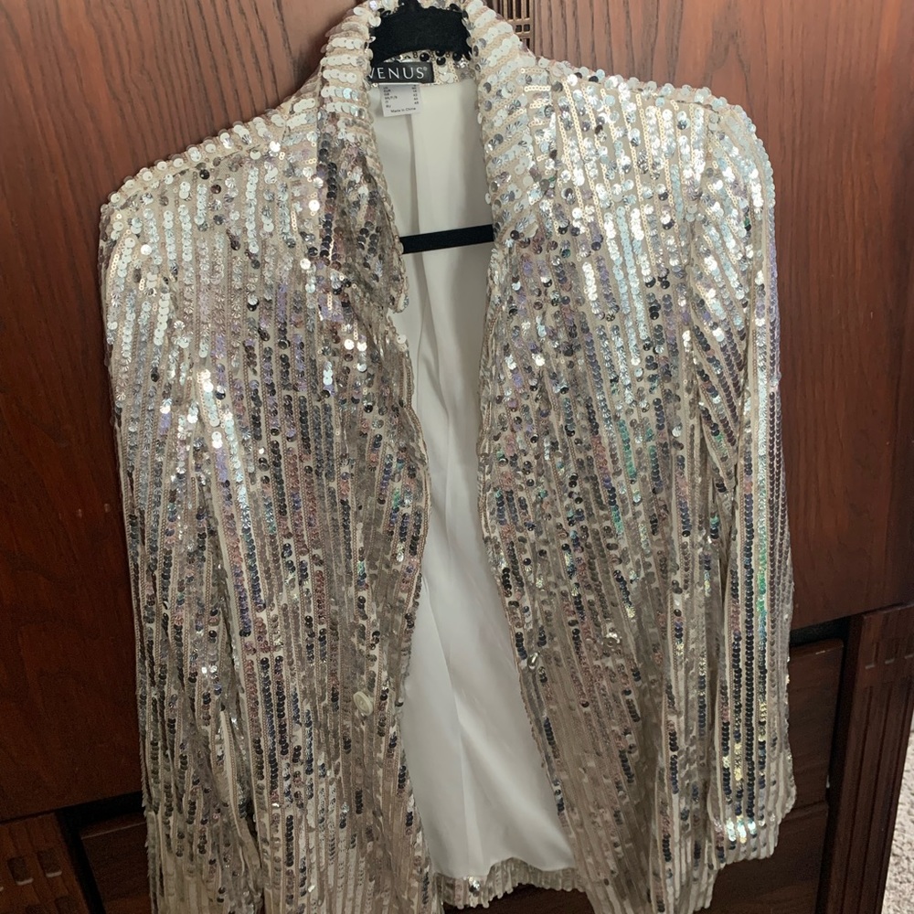 Sequined Throughout Silver Blazer. Fully Lined. C… - image 3